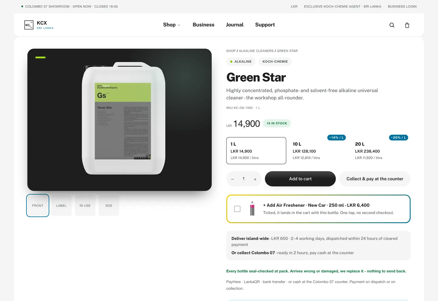 The Green Star product page: the canister photographed on black with front, label, in-use and SDS views, beside the name, its description as a phosphate and solvent-free alkaline cleaner, LKR 14,900 with 18 in stock, the 1 L, 10 L and 20 L sizes priced per litre, Add to cart next to Collect and pay at the counter, and the island-wide delivery and Colombo collection terms.