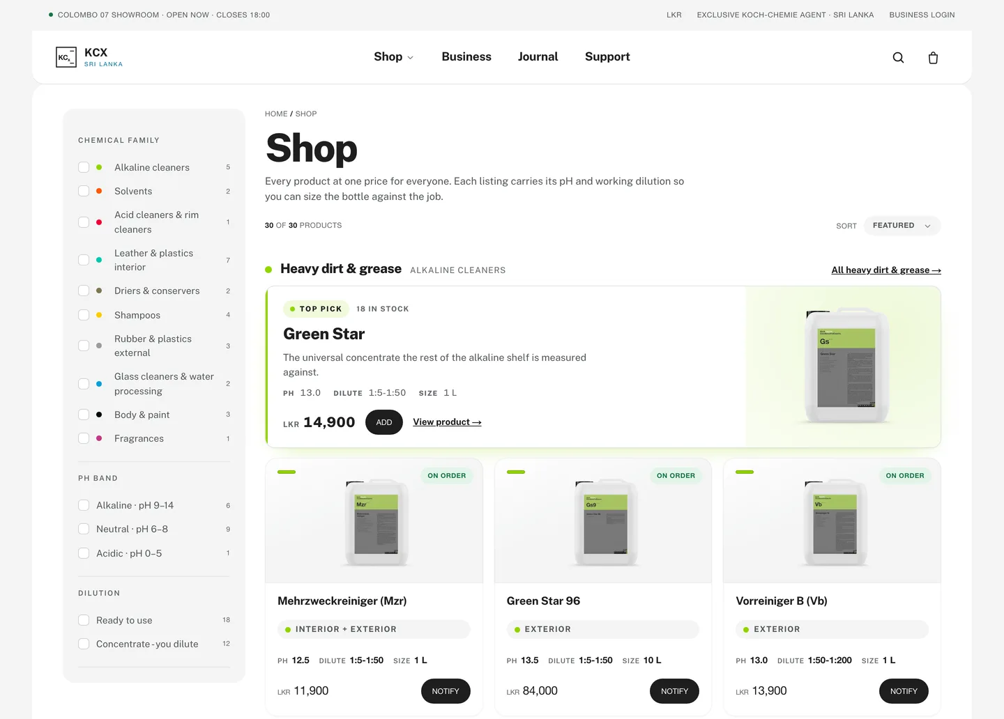 The Shop page: a filter rail listing the chemical families with a count each, then pH band and dilution filters, beside a “Heavy dirt & grease” shelf led by Green Star as the top pick at LKR 14,900 and three more alkaline cleaners, every card carrying its pH, dilution ratio, size and stock.